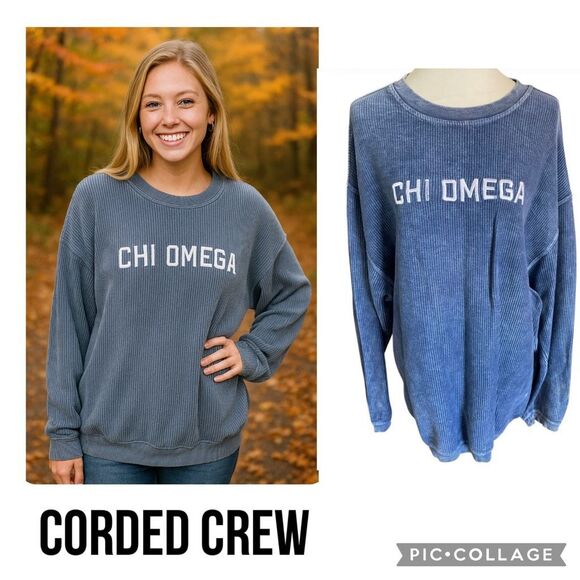 Corded Crew Slate Blue Chi Omega Corduroy-Style Sweatshirt – Size Large - Picture 1 of 13